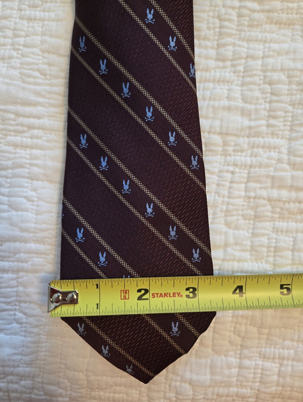 Psycho Bunny Burgundy Striped Tie with Blue Motifs, Silk - Picture 4 of 4